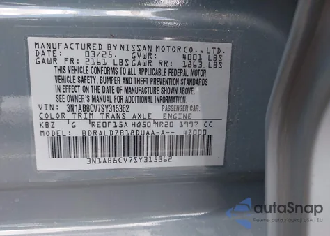 2025 Nissan Sentra Sv z USA, uszkodzony, nr VIN 3N1AB8CV7SY315362